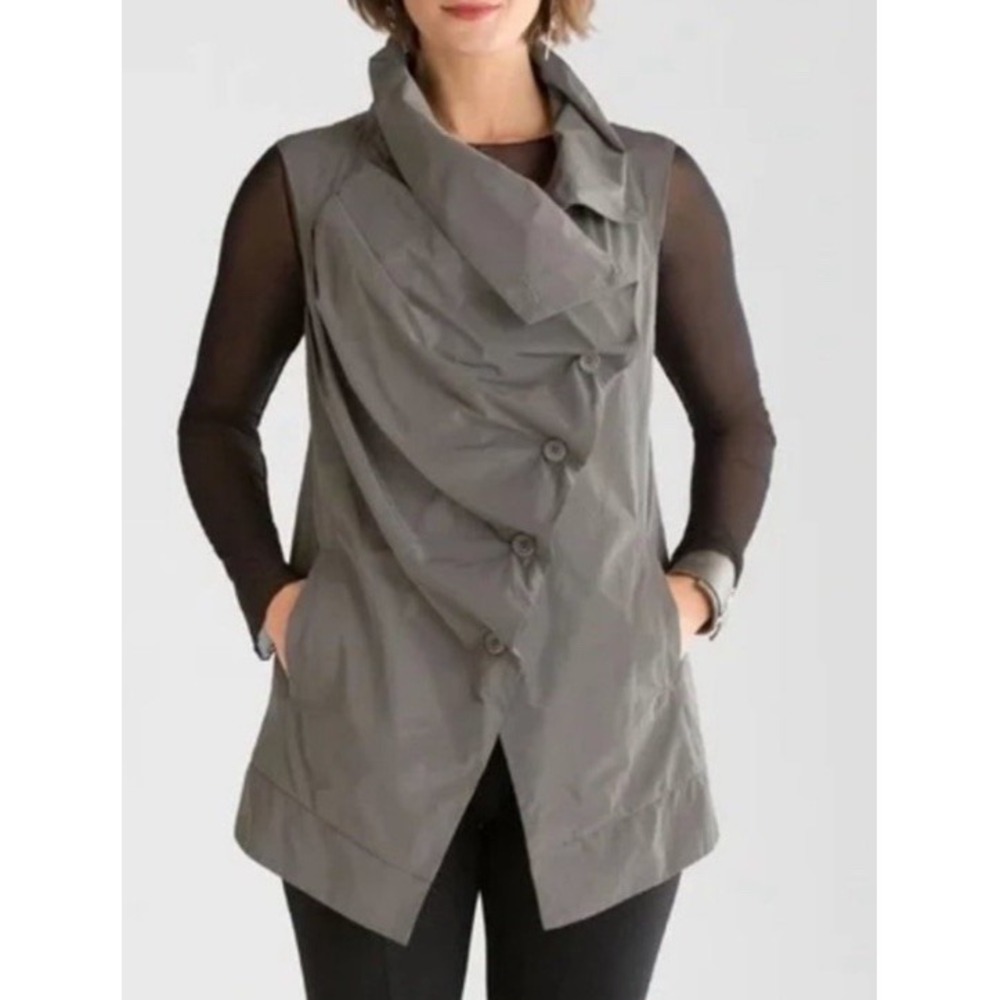 SUN KIM  Brown Vest  Sackable Ruffle Asymmetric Lagenlook Artsy Large USA